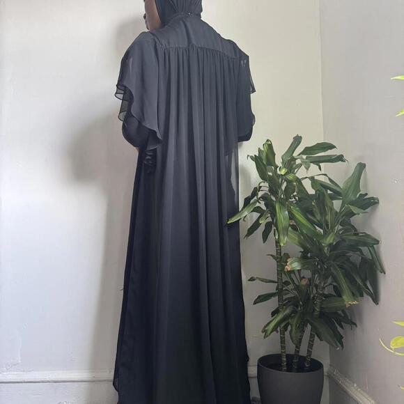 Vintage 90s black sheer lingerie maxi‎ dress ruffle floral cardigan - Picture 6 of 8